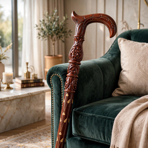 Luxury Hand-Carved Wooden Walking Cane – Floral Vintage Design