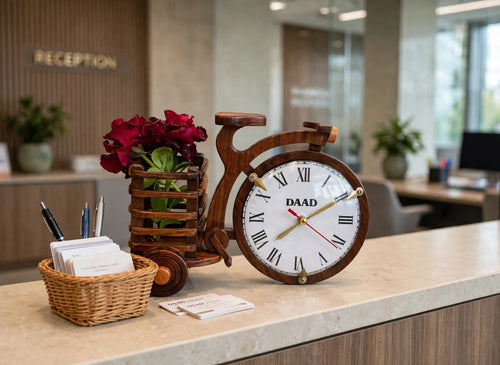 Handcrafted Wooden Bicycle Clock with Flower Basket | Decorative Table Clock & Vase