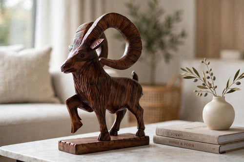 Handcrafted Wooden Markhor Statue – Traditional Animal Home Decor