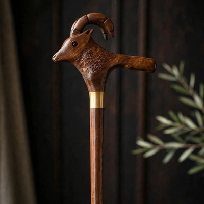 Handcrafted Ibex Head Wooden Walking Cane β Carved Mountain Goat Design