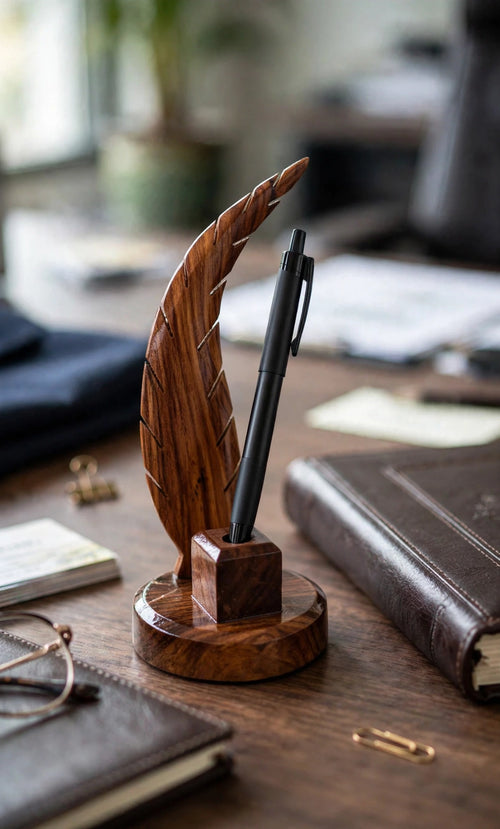 Handmade Sheesham Wood Pen Holder – Feather & Guitar