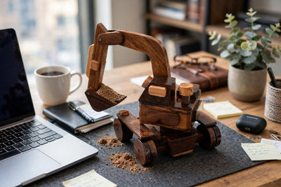 Wooden Excavator Model – Rustic Construction Vehicle Decor