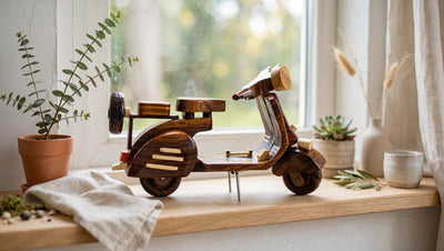 Handmade Wooden Scooter Model – Rustic Vintage Motorcycle Decor