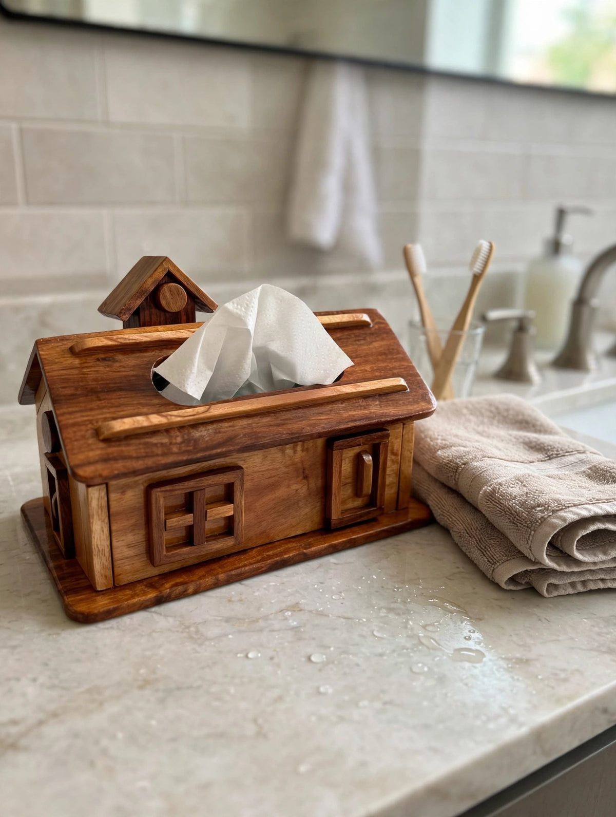 Handcrafted Wooden House Tissue Box Holder