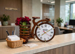 Handcrafted Wooden Bicycle Clock with Flower Basket | Decorative Table Clock & Vase