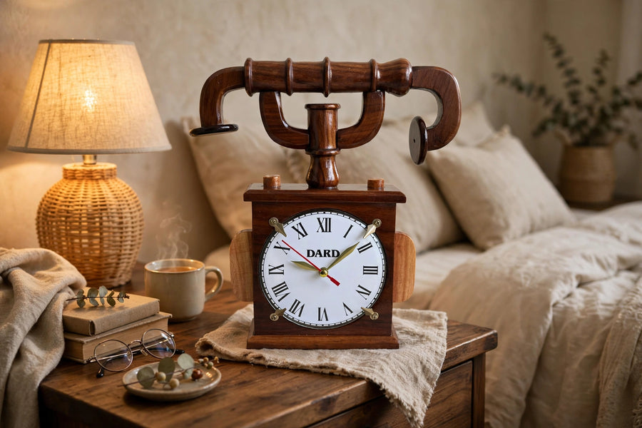 Handmade Wooden Table Clock – Rustic Vintage Bicycle Handlebar Design ⏰