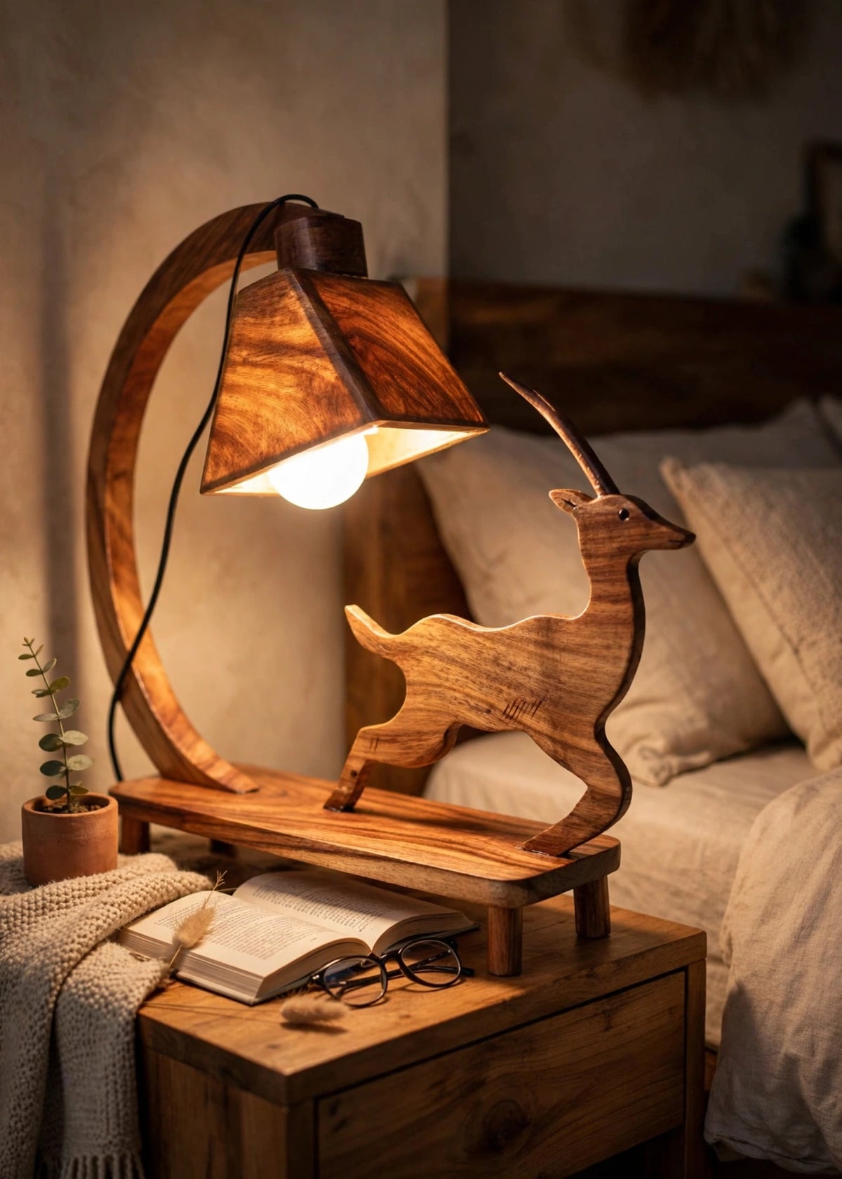 Handcrafted Sheesham Wood Animal Table Lamp – Deer, Horse, Swan, Elephant & Lion Designs