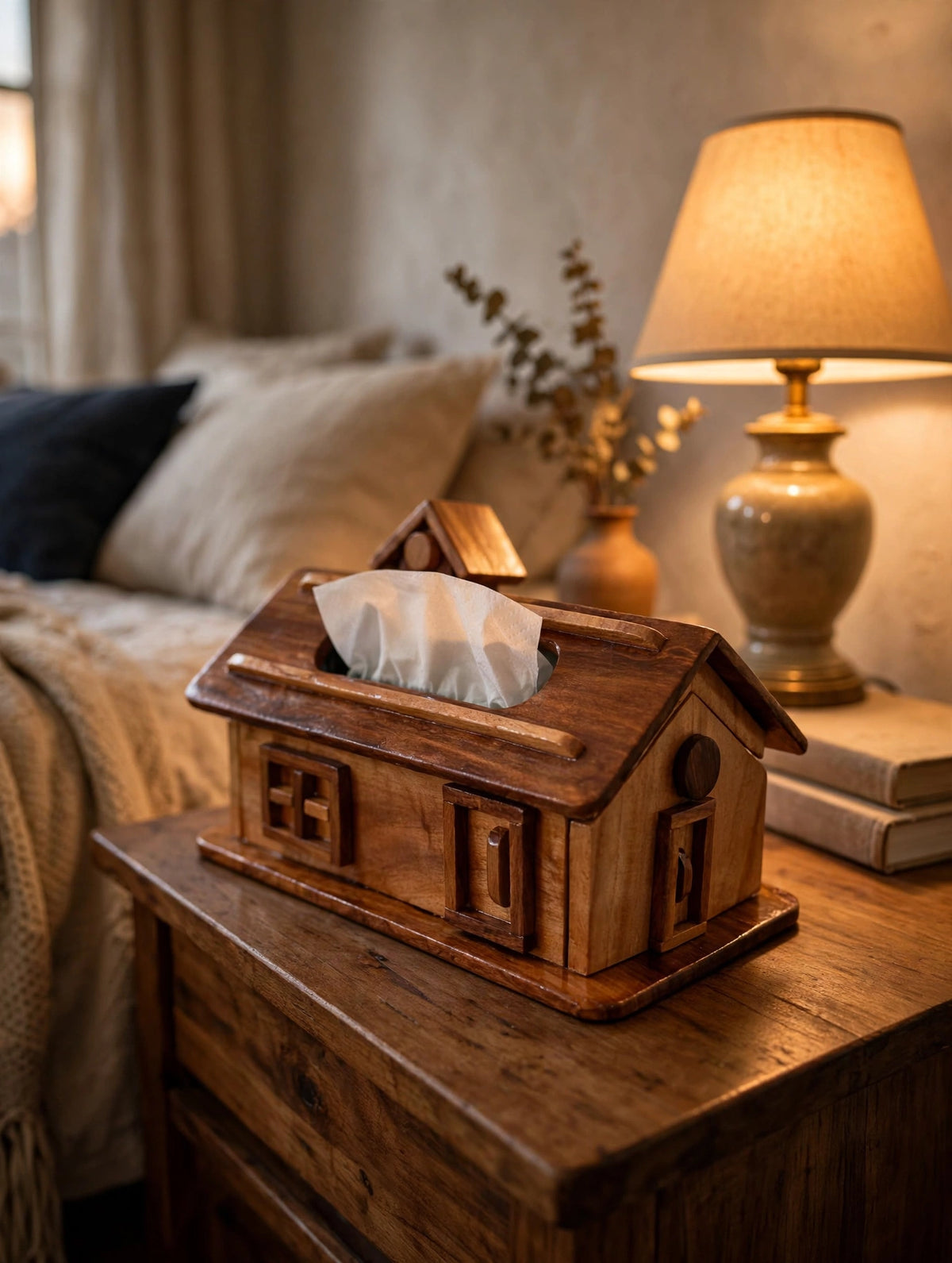 Handcrafted Wooden House Tissue Box Holder