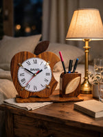 Wooden Apple Desk Clock with Pen Holder | Handmade Office Organizer & Custom Gift