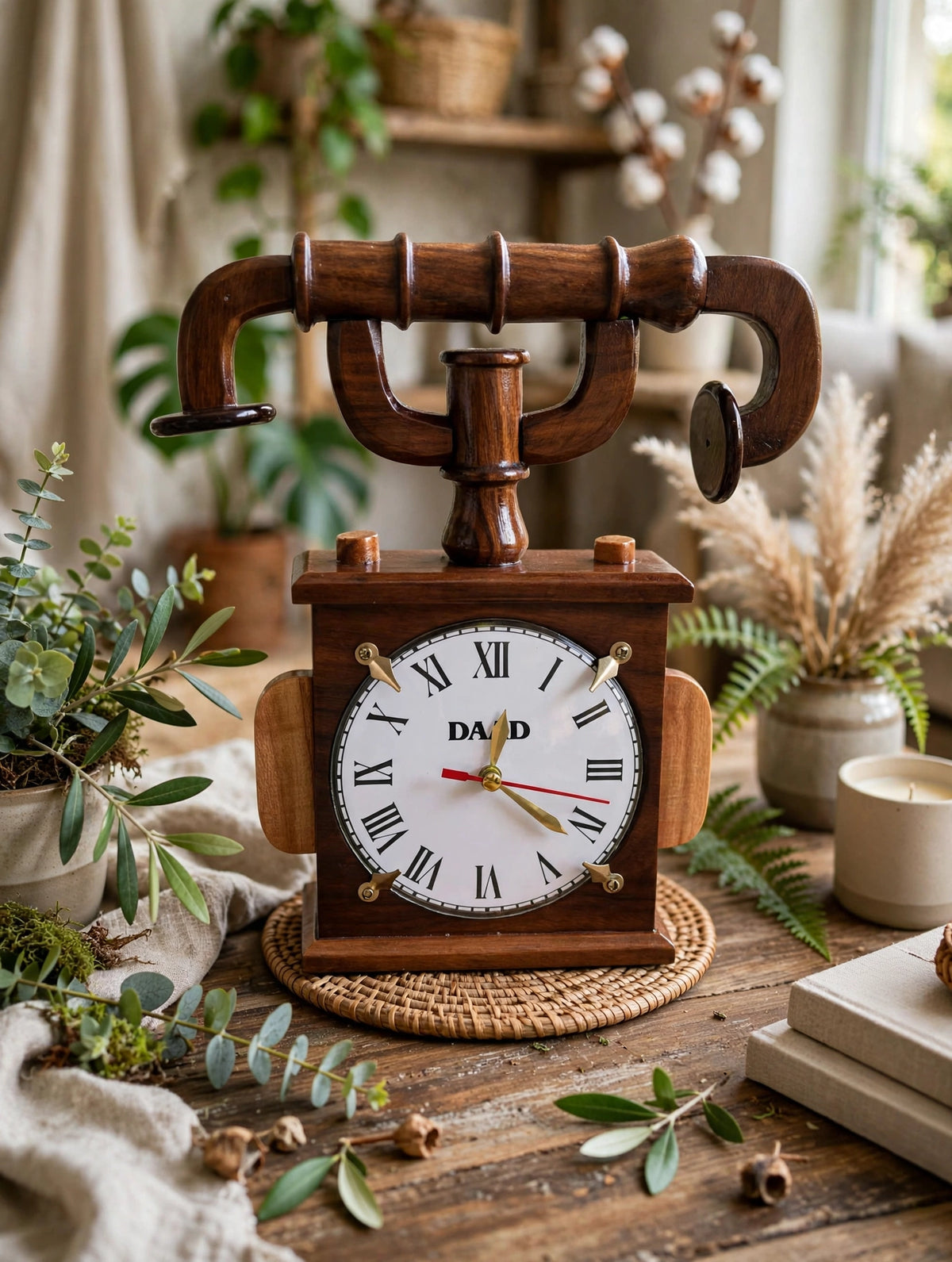 Handmade Wooden Table Clock – Rustic Vintage Bicycle Handlebar Design ⏰