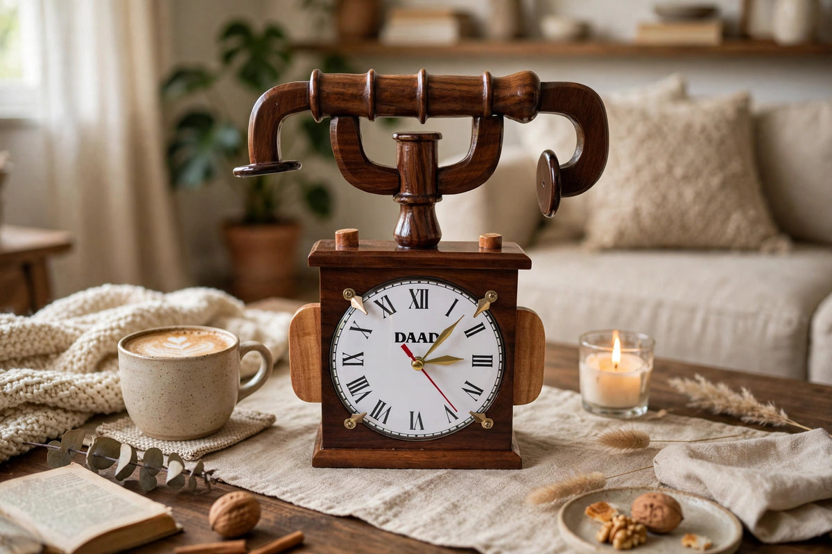 Handmade Wooden Table Clock – Rustic Vintage Bicycle Handlebar Design ⏰