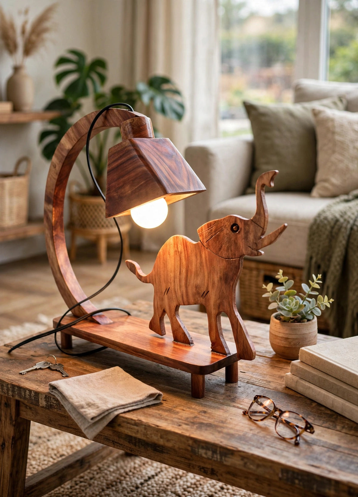 Handcrafted Sheesham Wood Animal Table Lamp – Deer, Horse, Swan, Elephant & Lion Designs