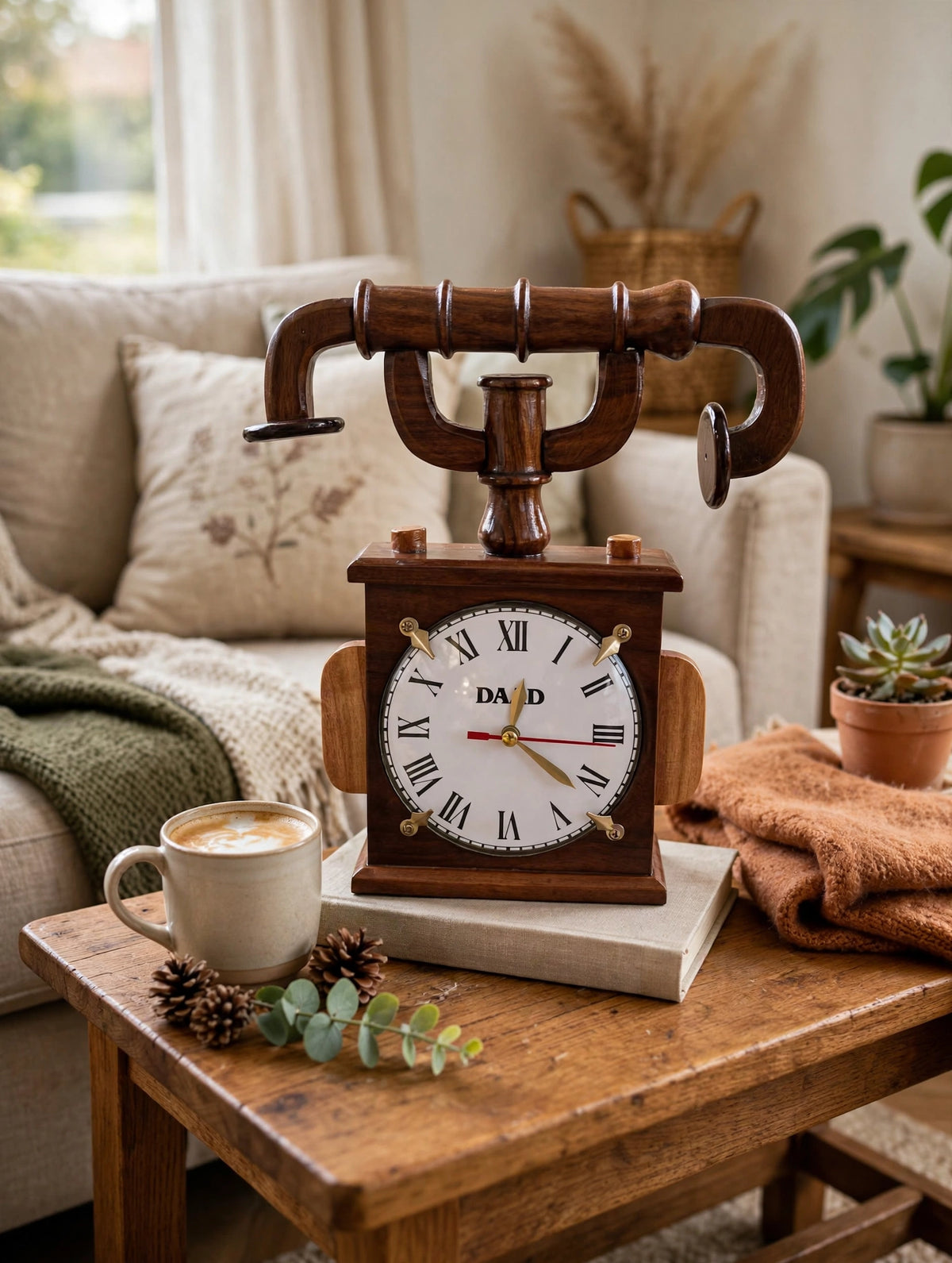 Handmade Wooden Table Clock – Rustic Vintage Bicycle Handlebar Design ⏰