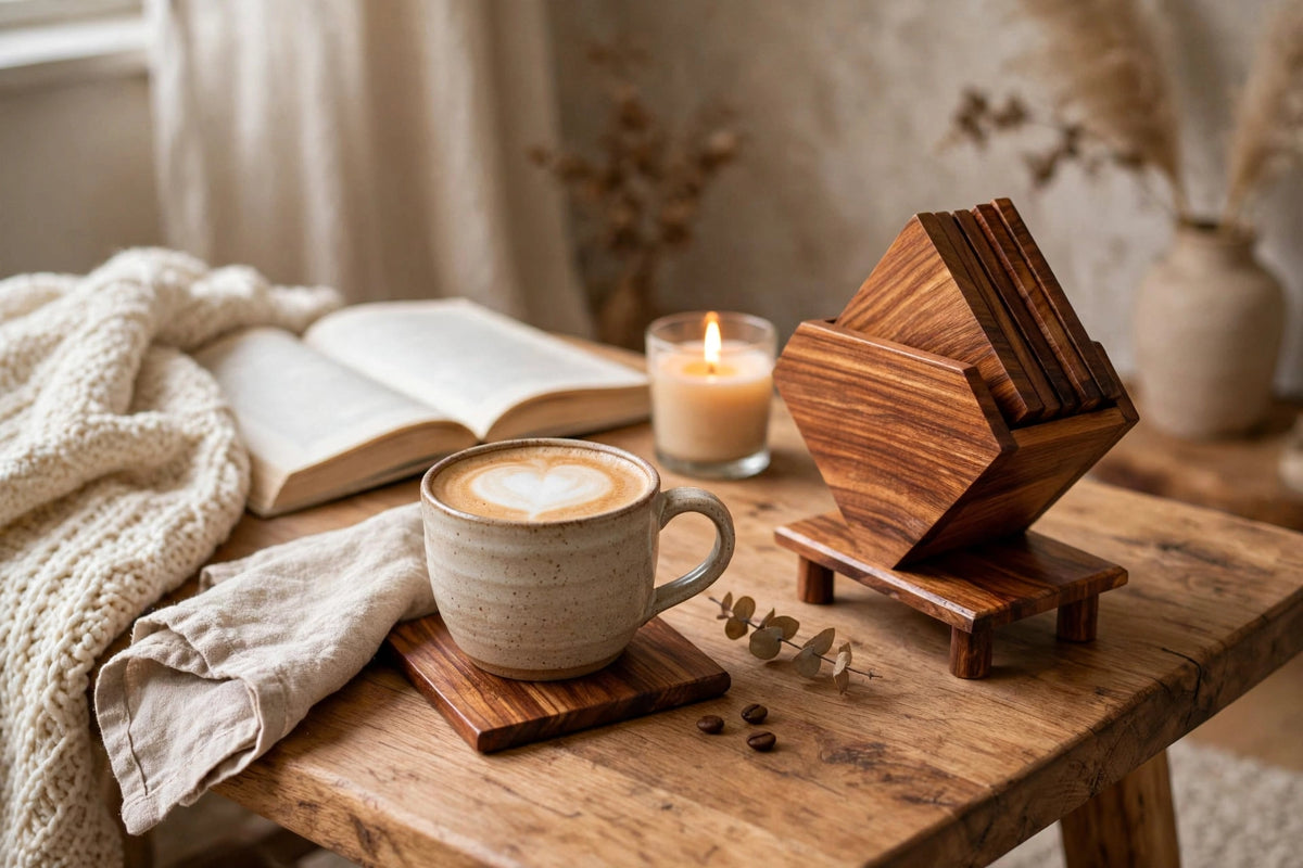 Sheesham Wood Coaster Set with Holder – Natural Wooden Drink Coasters