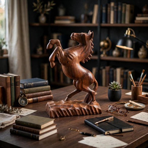 Handcrafted Wooden Rearing Horse Statue – Elegant Horse Sculpture