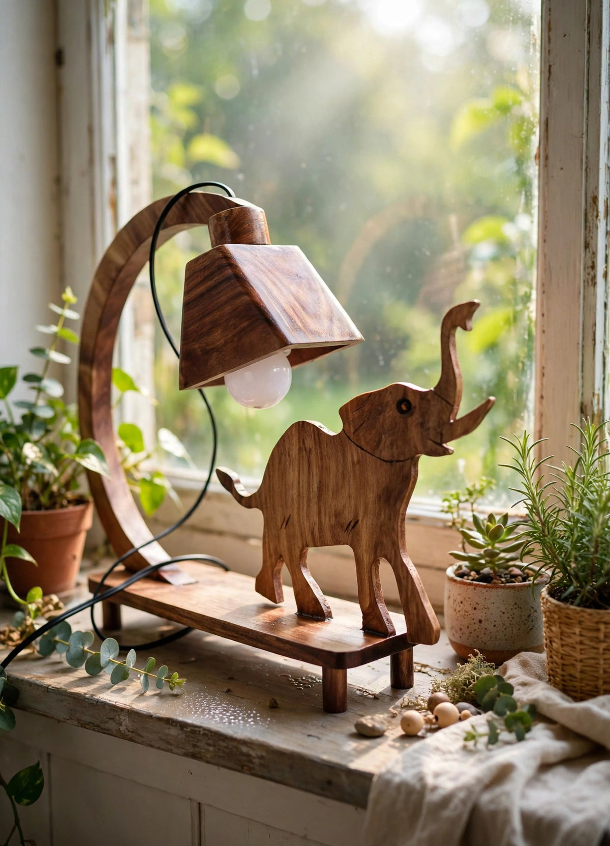 Handcrafted Sheesham Wood Animal Table Lamp – Deer, Horse, Swan, Elephant & Lion Designs