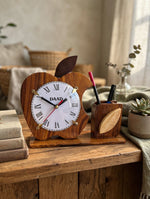 Wooden Apple Desk Clock with Pen Holder | Handmade Office Organizer & Custom Gift