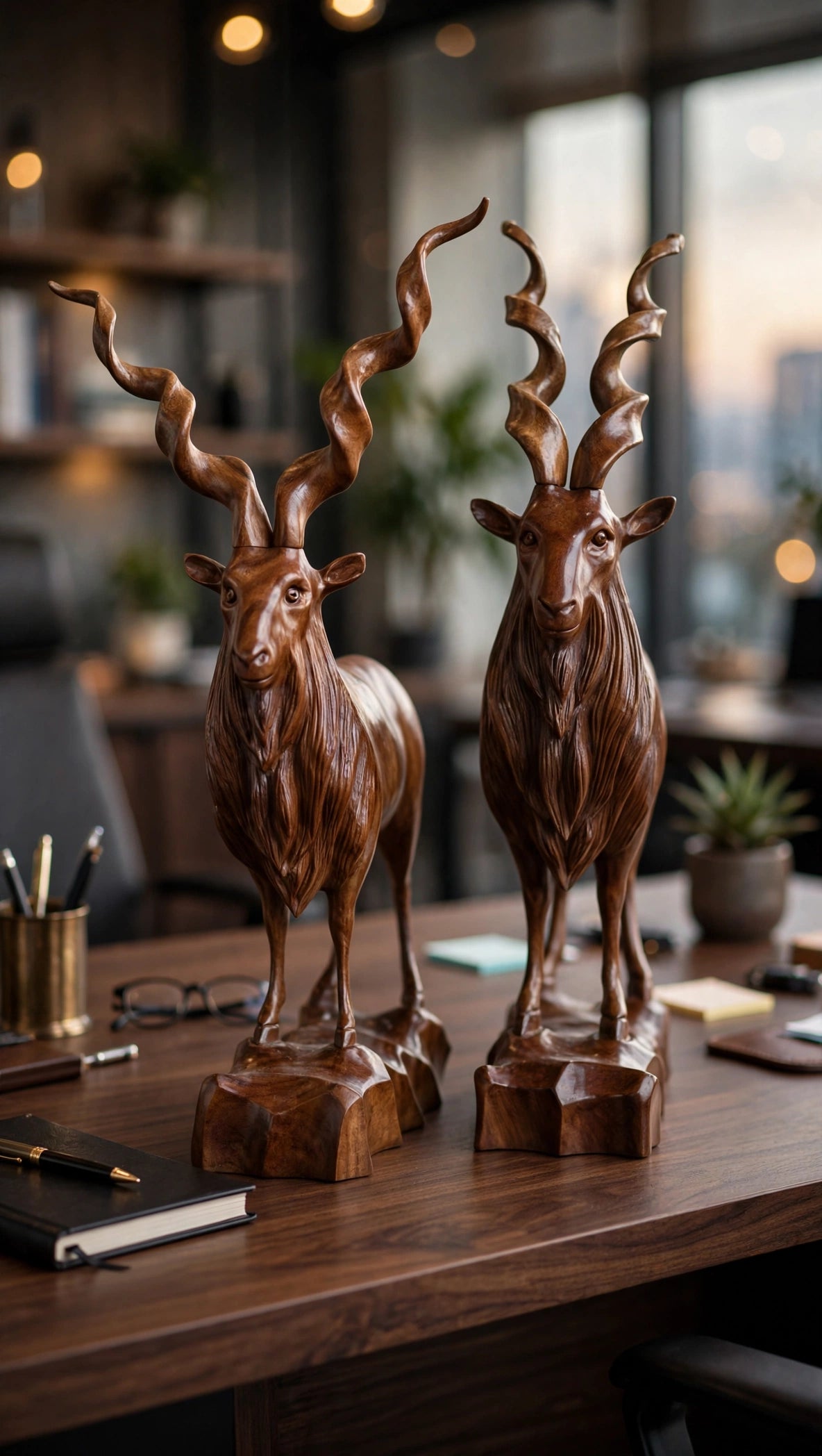 Handcrafted Wooden Markhor Statue – Luxury Animal Decor & Gift Set