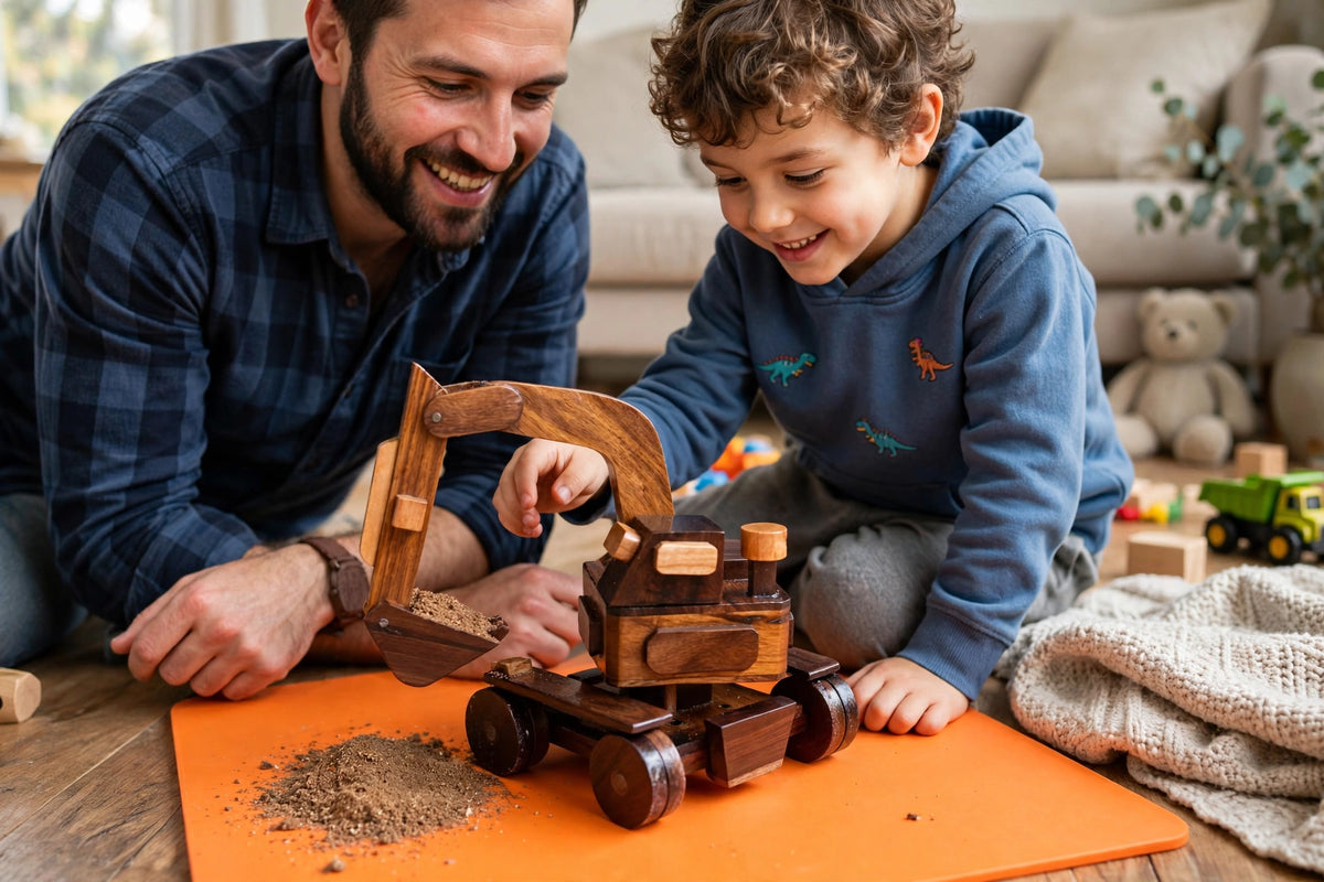 Wooden Excavator Model – Rustic Construction Vehicle Decor