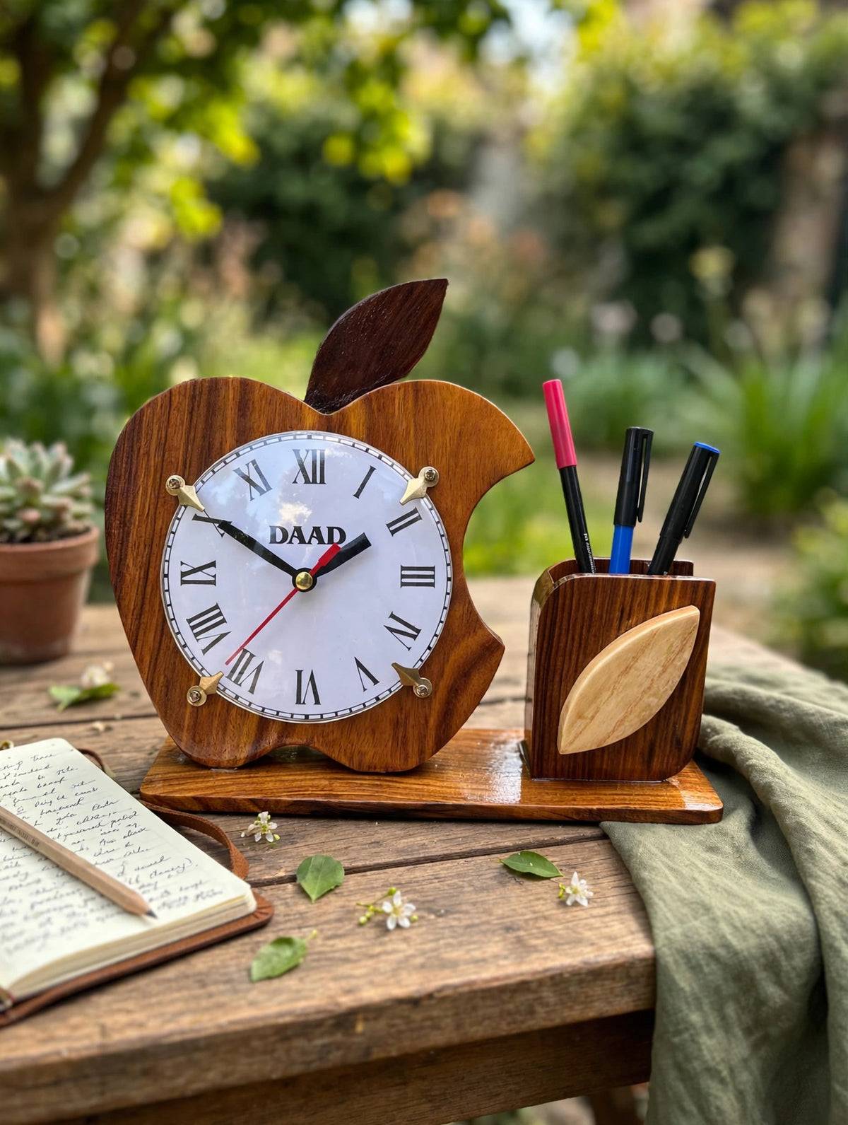 Wooden Apple Desk Clock with Pen Holder | Handmade Office Organizer & Custom Gift