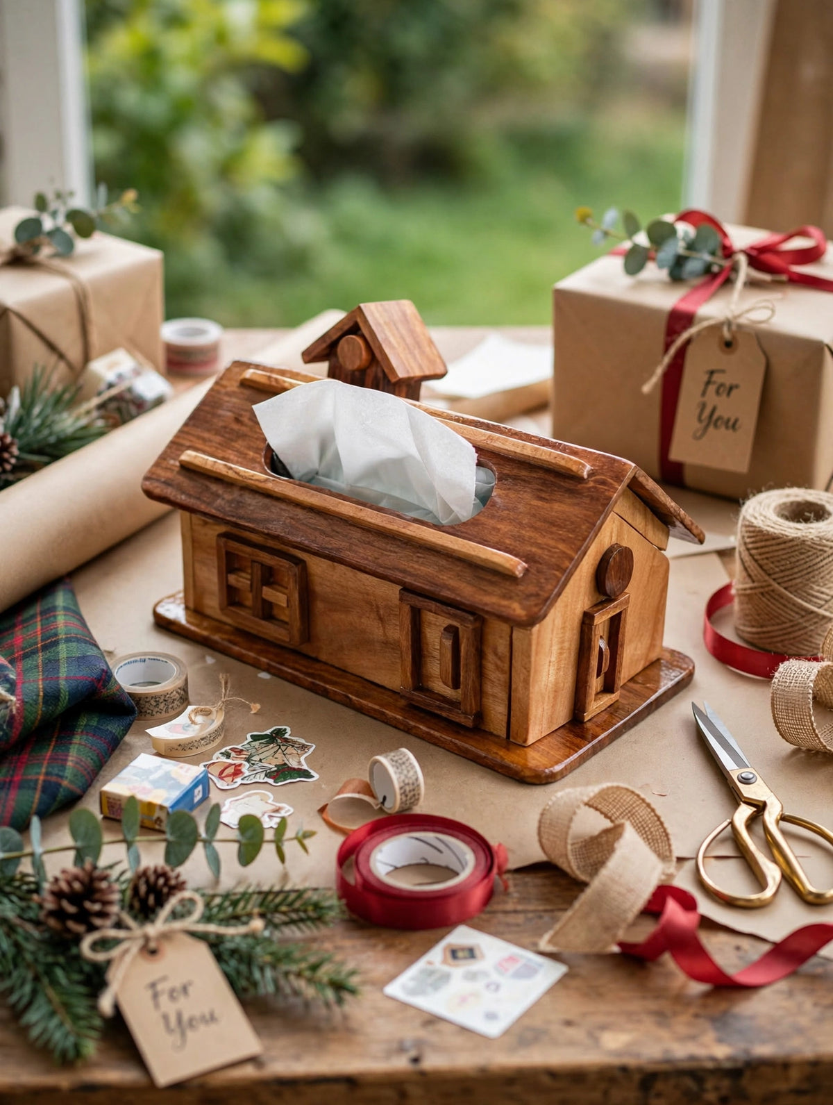 Handcrafted Wooden House Tissue Box Holder
