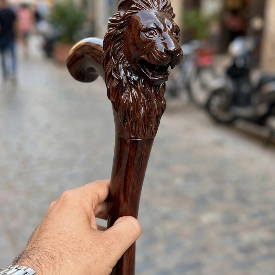 Handcrafted Lion Head Wooden Walking Cane – Premium Carved Handle