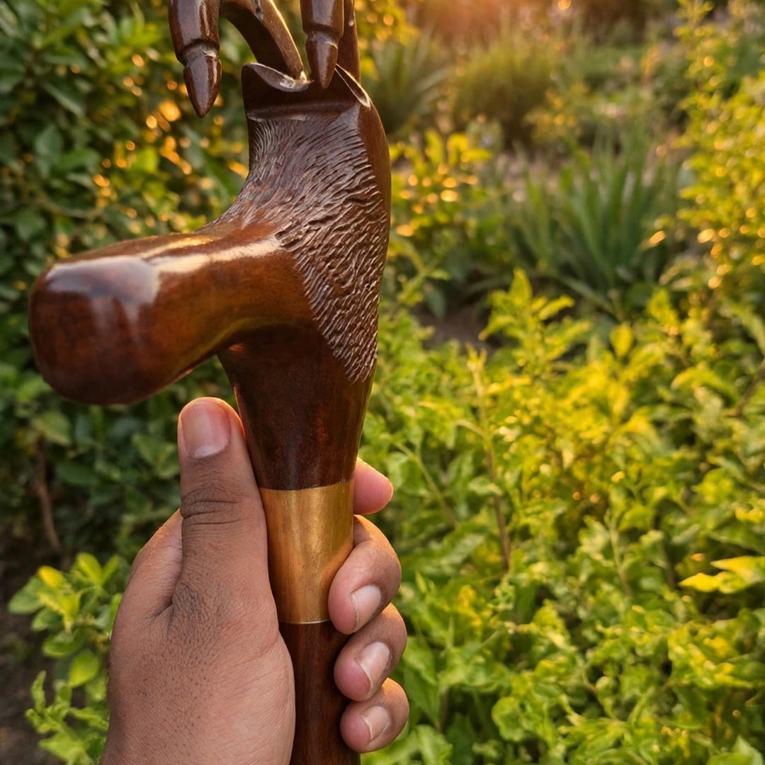 Handcrafted Ibex Head Wooden Walking Cane – Carved Mountain Goat Design