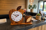 Wooden Apple Desk Clock with Pen Holder | Handmade Office Organizer & Custom Gift