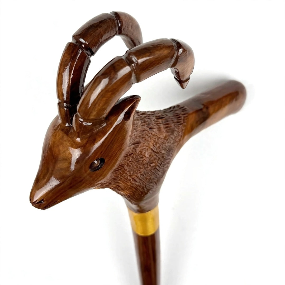 Handcrafted Ibex Head Wooden Walking Cane – Carved Mountain Goat Design
