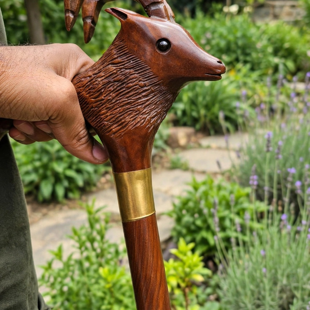 Handcrafted Ibex Head Wooden Walking Cane – Carved Mountain Goat Design
