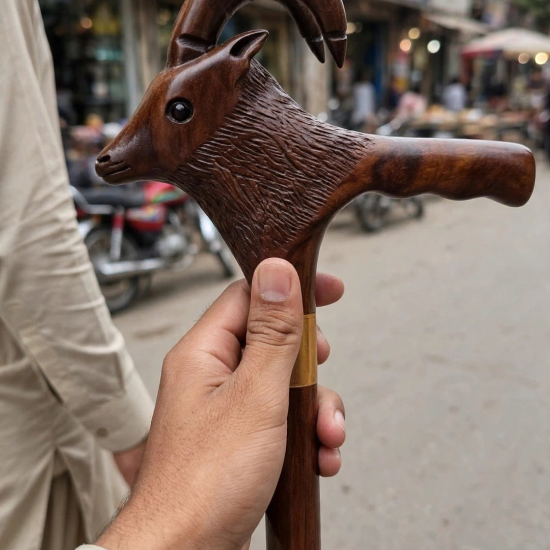 Handcrafted Ibex Head Wooden Walking Cane – Carved Mountain Goat Design
