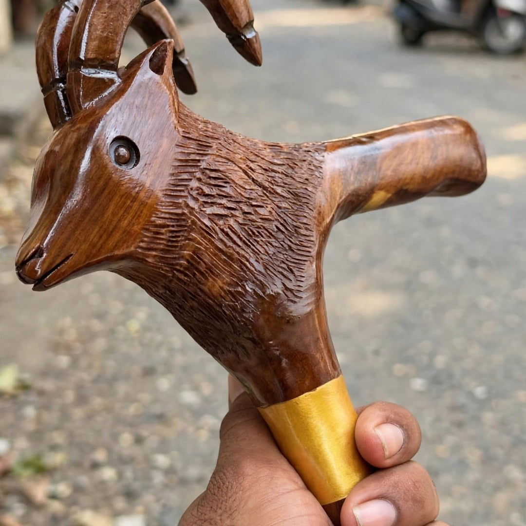 Handcrafted Ibex Head Wooden Walking Cane – Carved Mountain Goat Design