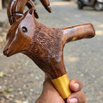 Handcrafted Ibex Head Wooden Walking Cane – Carved Mountain Goat Design