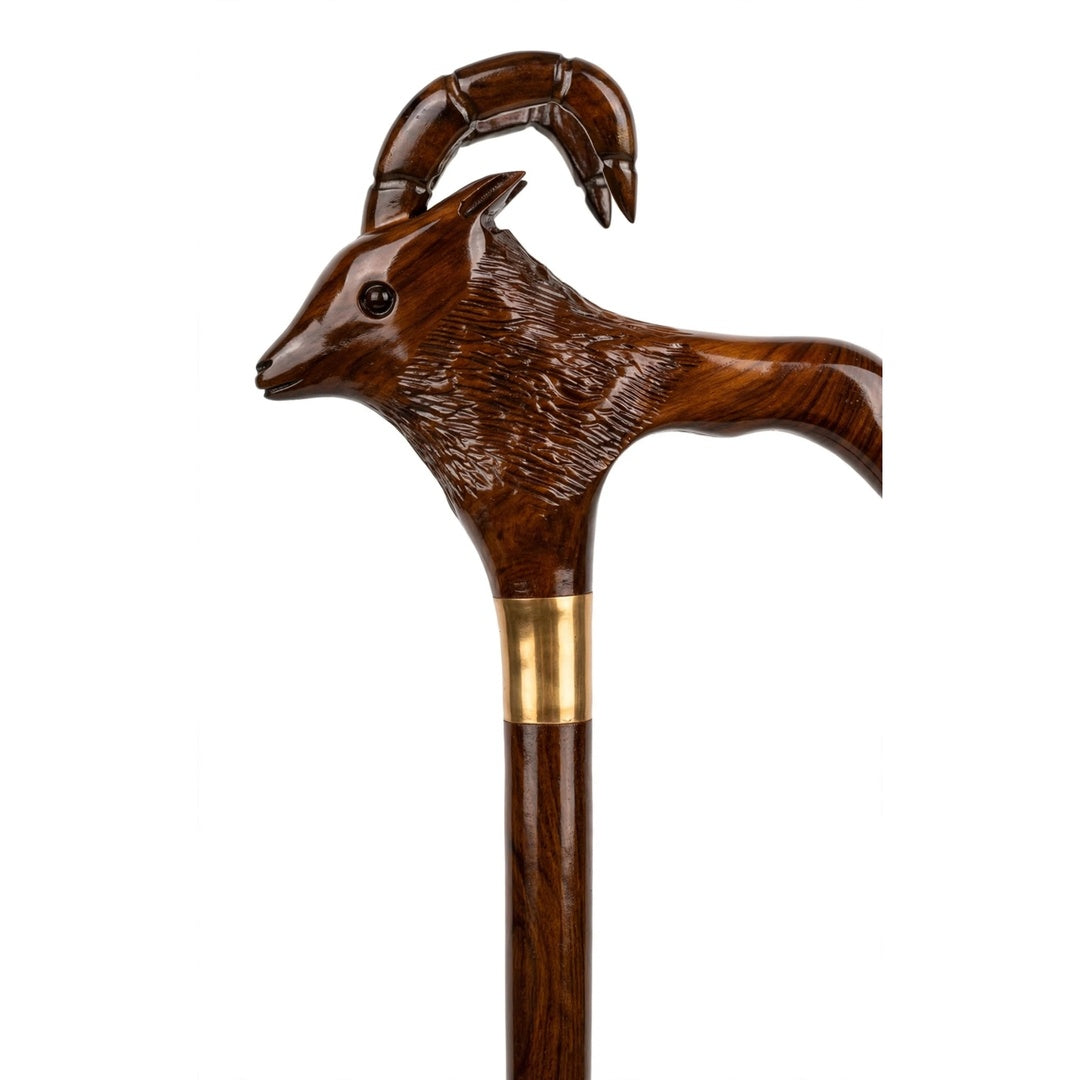 Handcrafted Ibex Head Wooden Walking Cane – Carved Mountain Goat Design