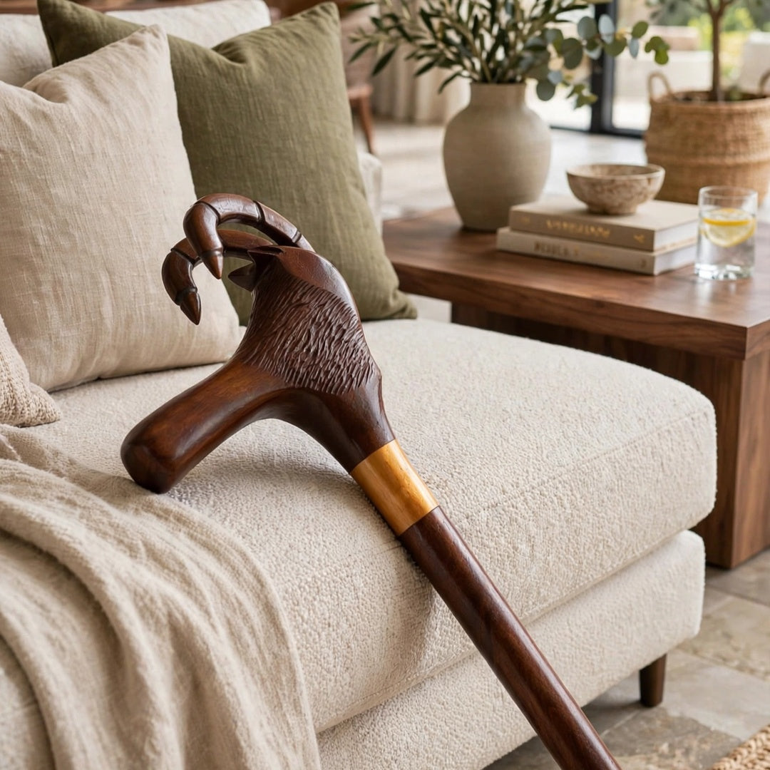 Handcrafted Ibex Head Wooden Walking Cane – Carved Mountain Goat Design
