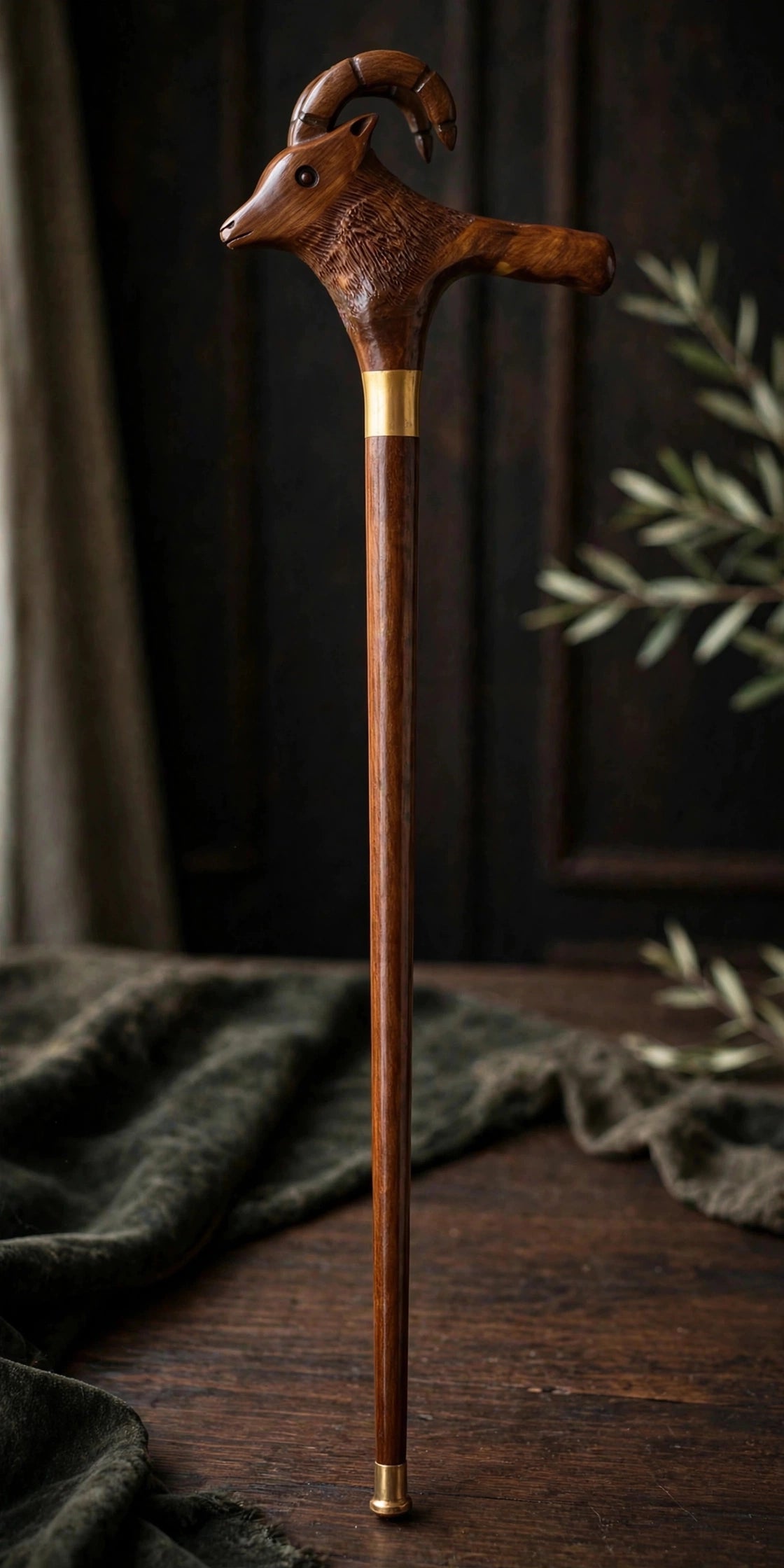 Handcrafted Ibex Head Wooden Walking Cane – Carved Mountain Goat Design