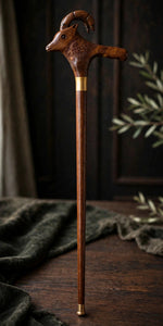 Handcrafted Ibex Head Wooden Walking Cane – Carved Mountain Goat Design