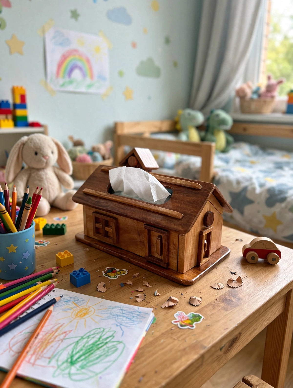 Handcrafted Wooden House Tissue Box Holder