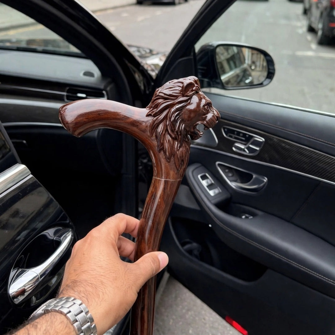 Handcrafted Lion Head Wooden Walking Cane – Premium Carved Handle