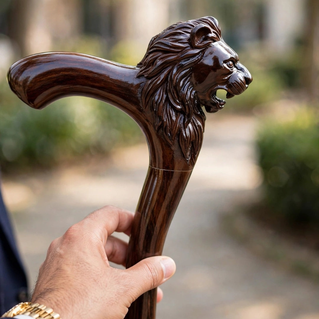 Handcrafted Lion Head Wooden Walking Cane – Premium Carved Handle