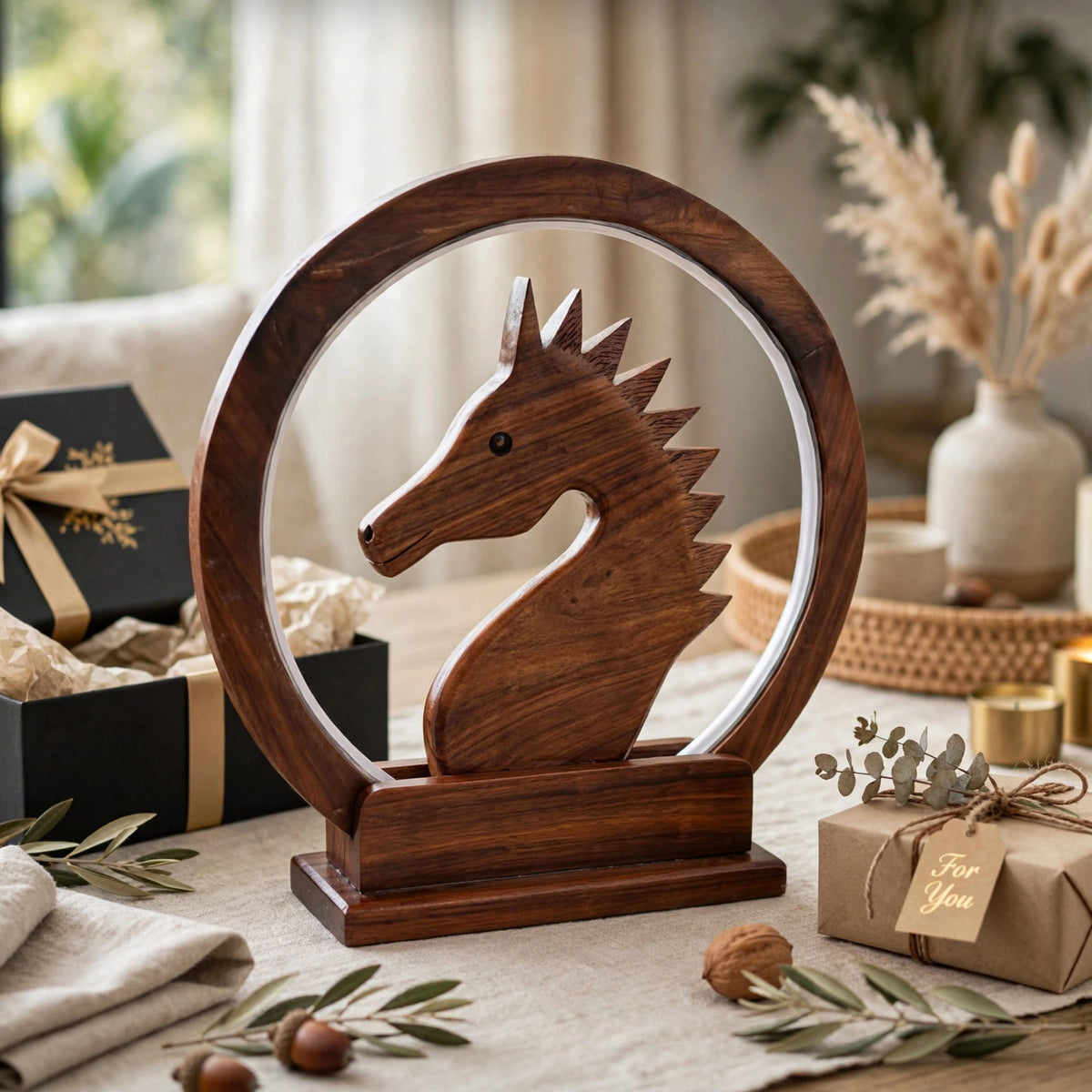 Handcrafted Wooden Horse LED Lamp