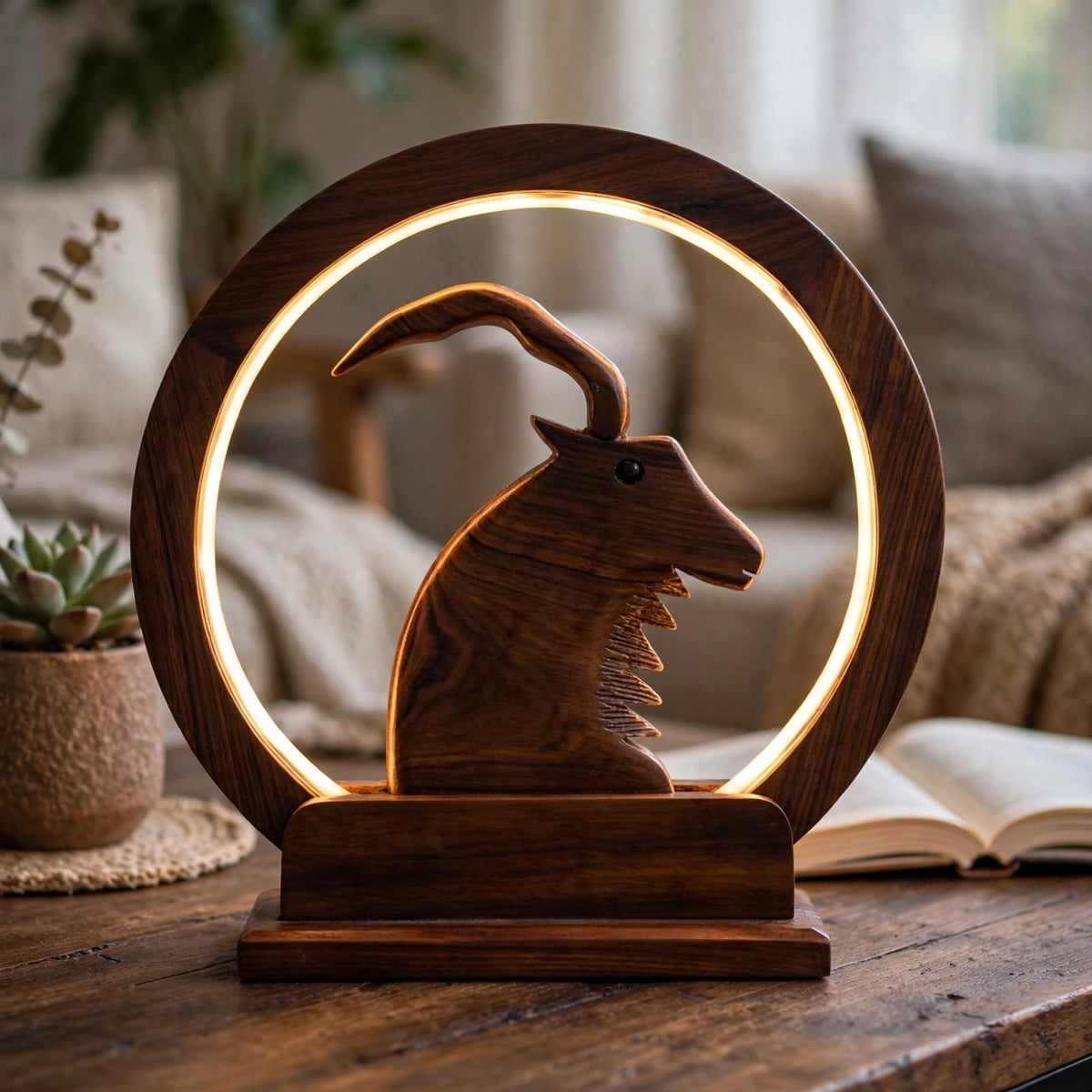 Handcrafted Wooden Markhor LED Lamp