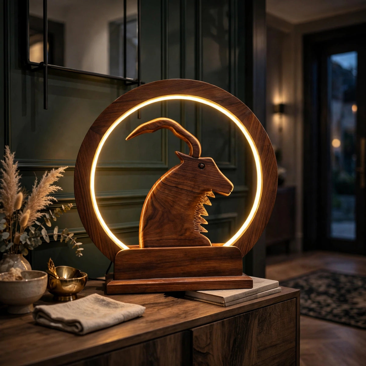 Handcrafted Wooden Markhor LED Lamp