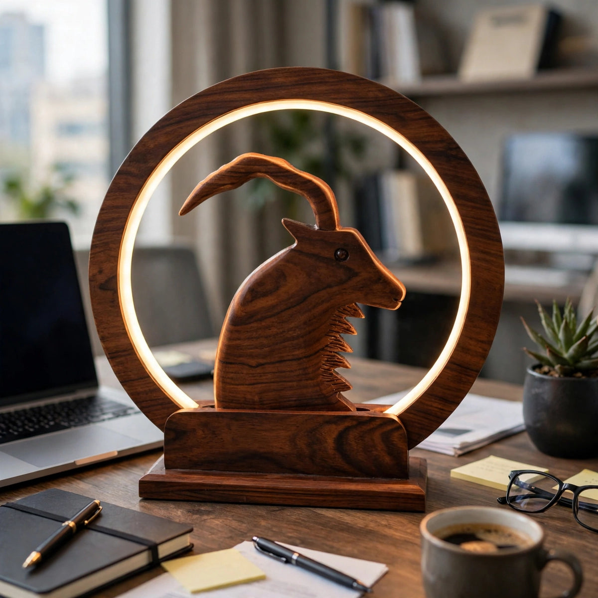 Handcrafted Wooden Markhor LED Lamp