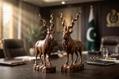 Handcrafted Wooden Markhor Statue – Luxury Animal Decor & Gift Set