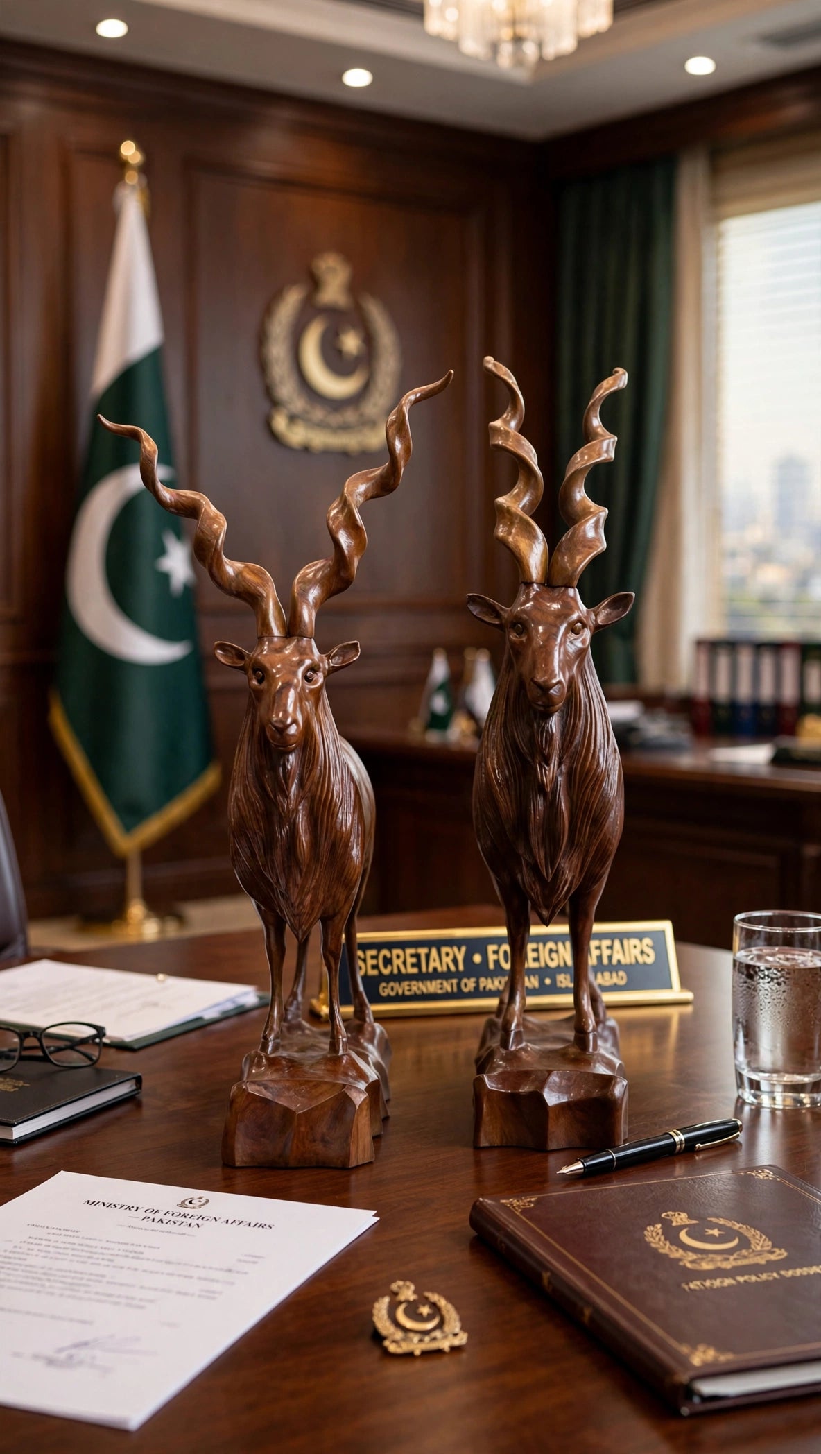 Handcrafted Wooden Markhor Statue – Luxury Animal Decor & Gift Set