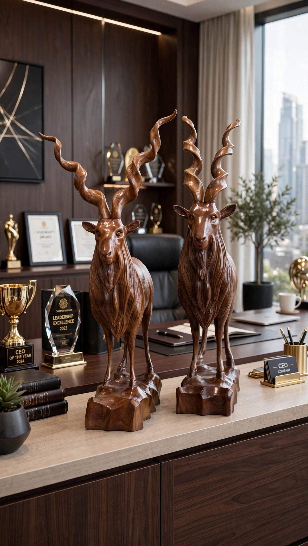 Handcrafted Wooden Markhor Statue – Luxury Animal Decor & Gift Set