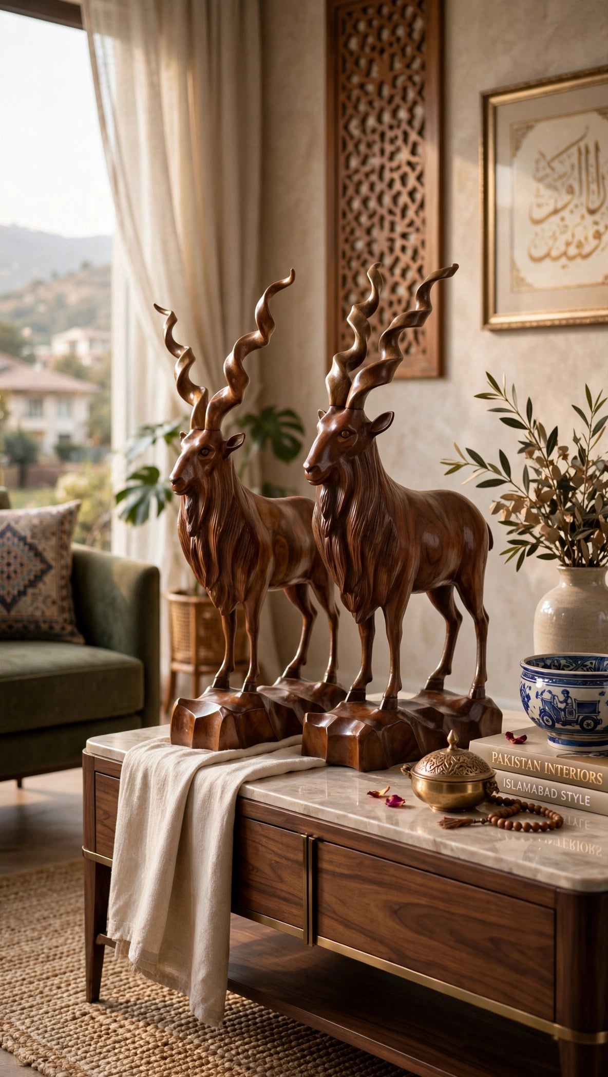 Handcrafted Wooden Markhor Statue – Luxury Animal Decor & Gift Set