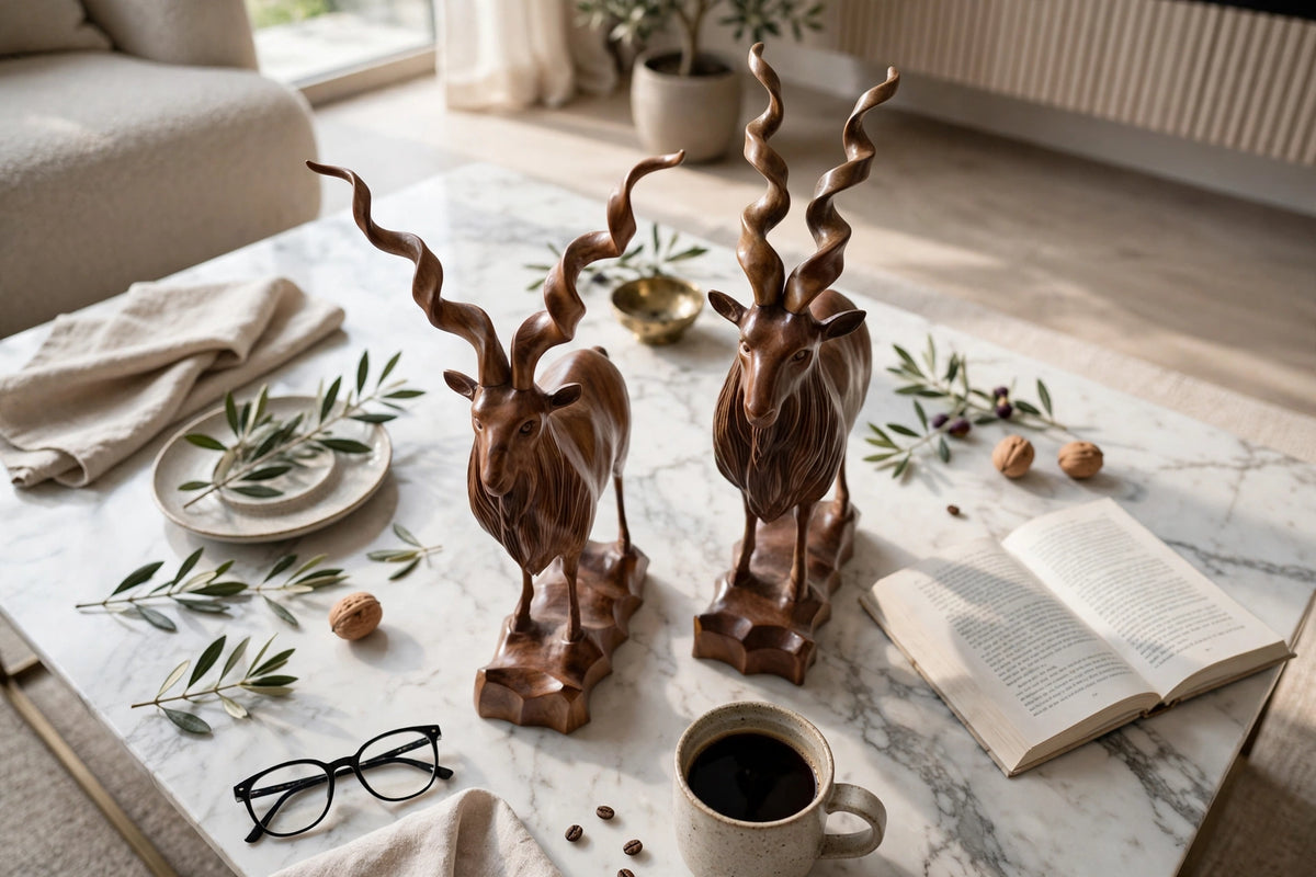 Handcrafted Wooden Markhor Statue – Luxury Animal Decor & Gift Set