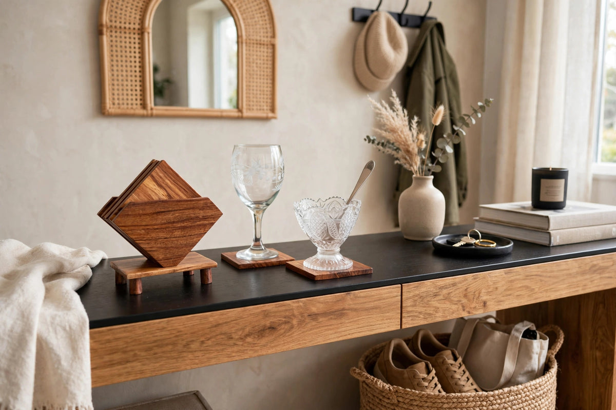 Sheesham Wood Coaster Set with Holder – Natural Wooden Drink Coasters